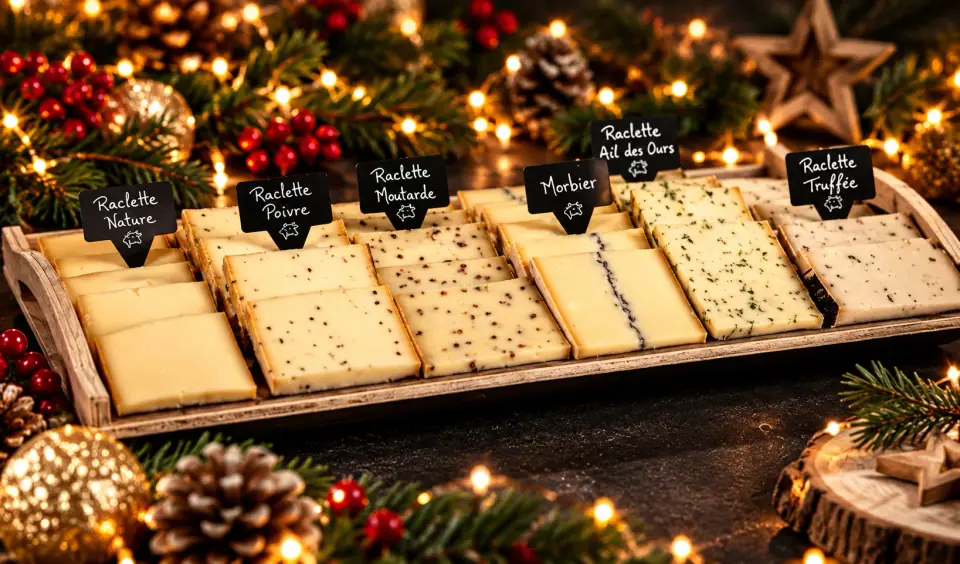 Plateau de fromages à raclette tranchés avec leurs ardoises